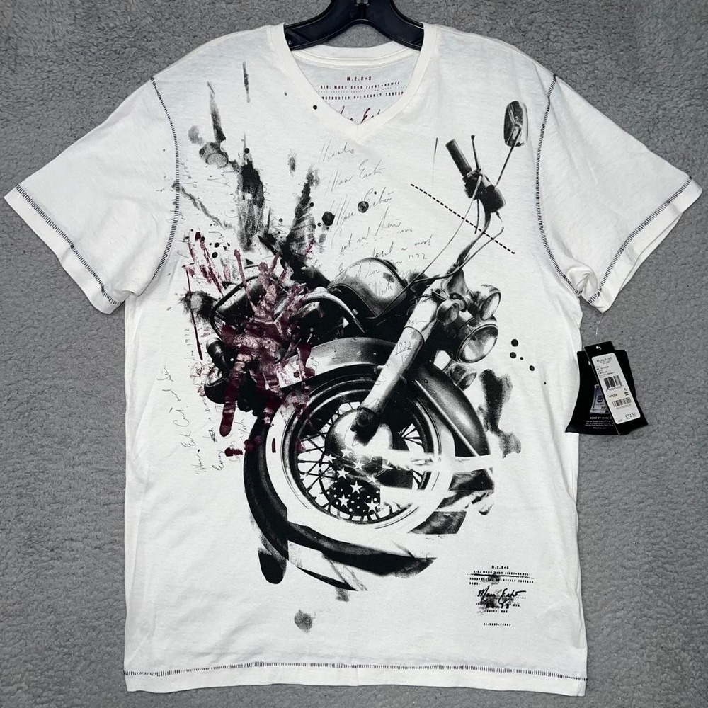 NWT Marc Ecko Deadly Threads Motorcycle T Shirt Men's Sz‎ Small White V Neck Tee